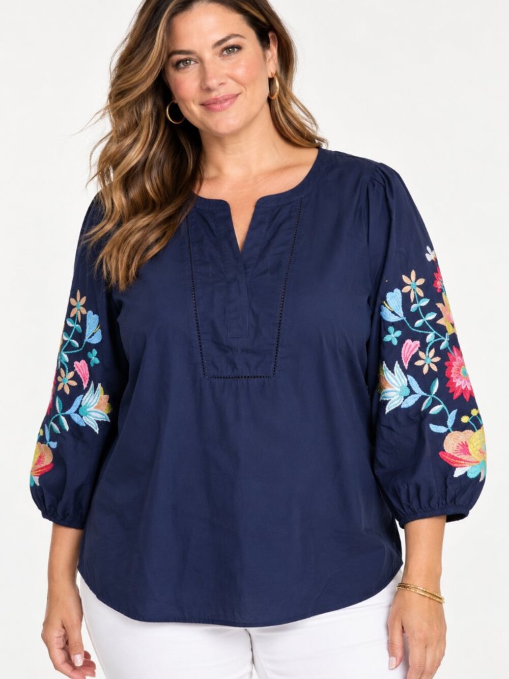 Talbots Plus 1X Navy Blue Poplin Top Floral Embroidered Sleeve Blouse